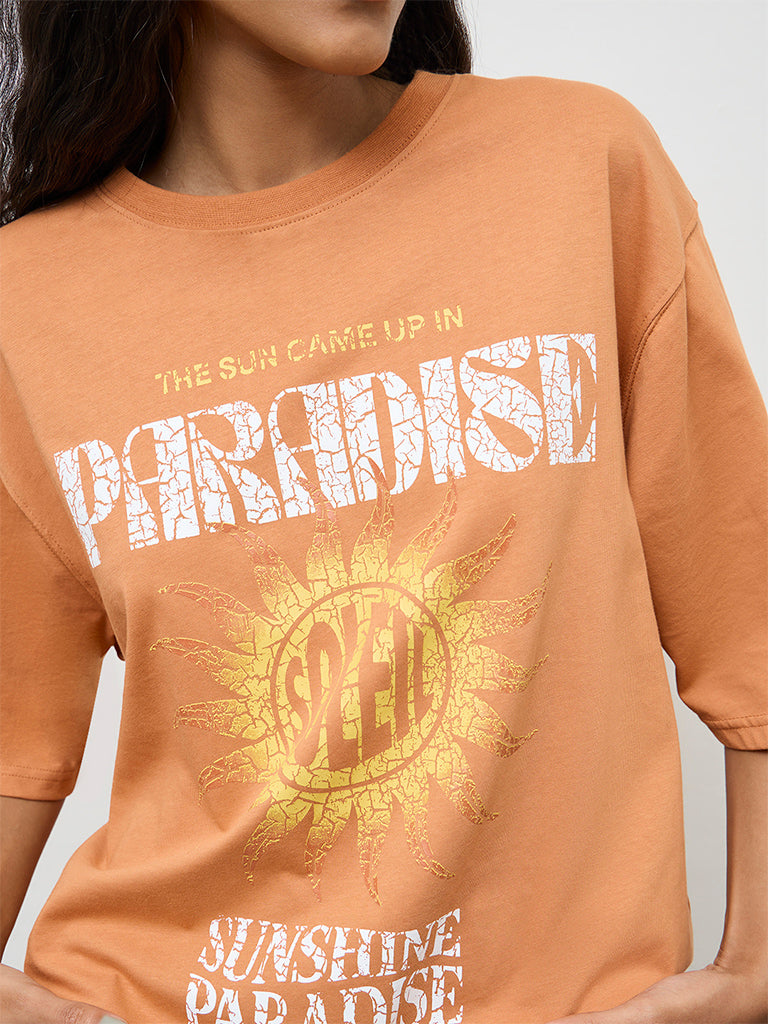 Nuon Orange Graphic Printed Cotton T-Shirt