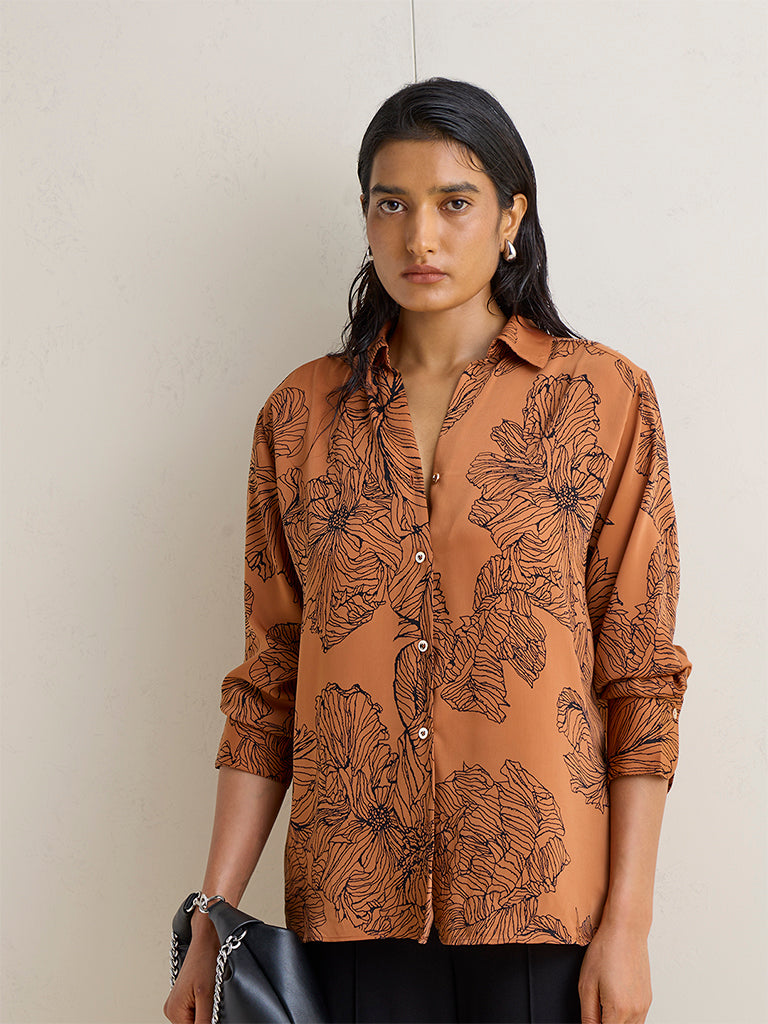 Wardrobe Tan Floral Design Satin Blouse