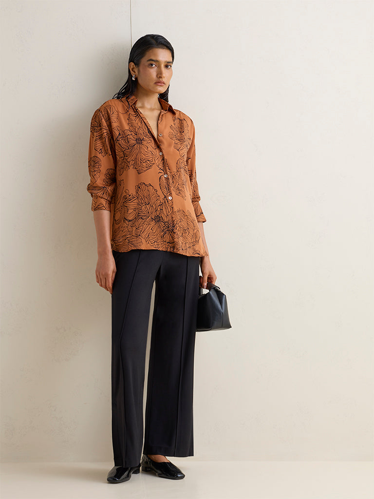 Wardrobe Tan Floral Design Satin Blouse