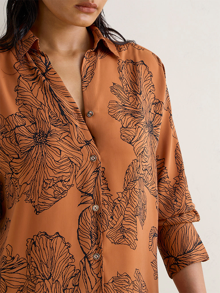 Wardrobe Tan Floral Design Satin Blouse