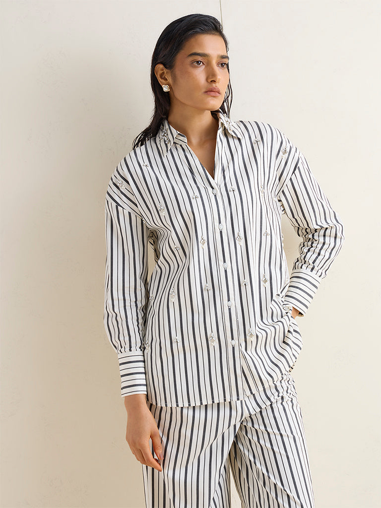Wardrobe Off-White Diamante Embellished Striped Cotton Shirt