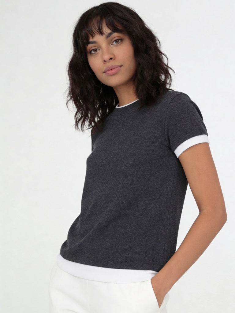 Wardrobe Grey Contrast Ribbed Trim Slim Fit Cotton-Blend T-Shirt
