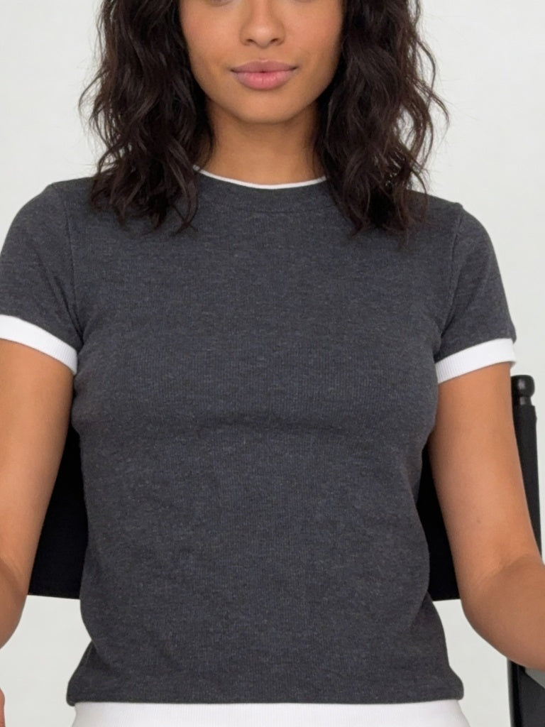 Wardrobe Grey Contrast Ribbed Trim Slim Fit Cotton-Blend T-Shirt
