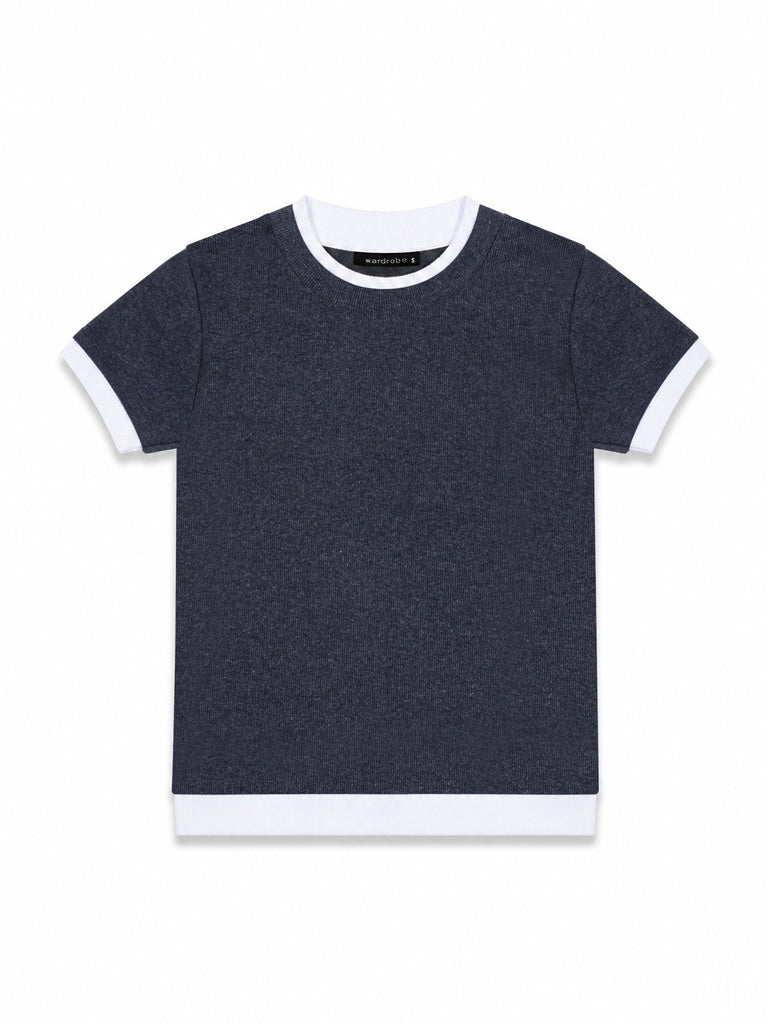 Wardrobe Grey Contrast Ribbed Trim Slim Fit Cotton-Blend T-Shirt