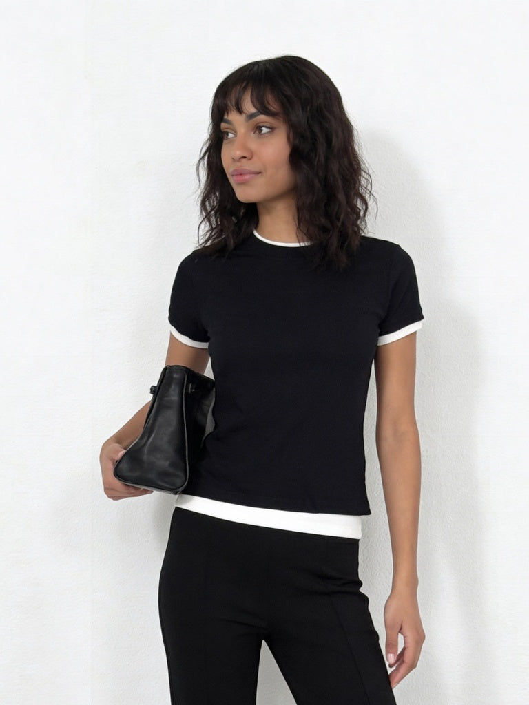 Wardrobe Black Stripe Ribbed Fitted Cotton-Blend T-Shirt