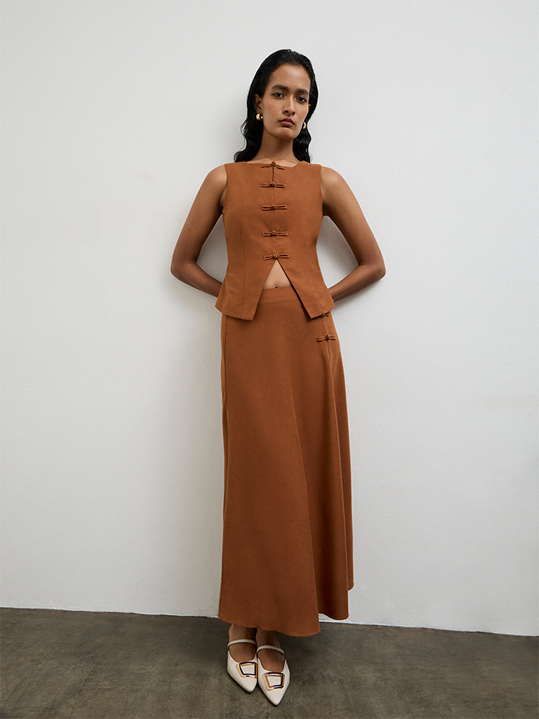 Wardrobe Brown Button-Detailed High-Rise Skirt