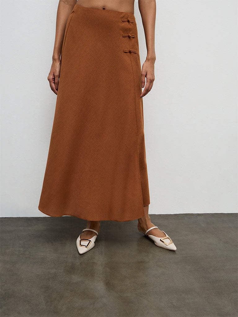 Wardrobe Brown Button-Detailed High-Rise Skirt