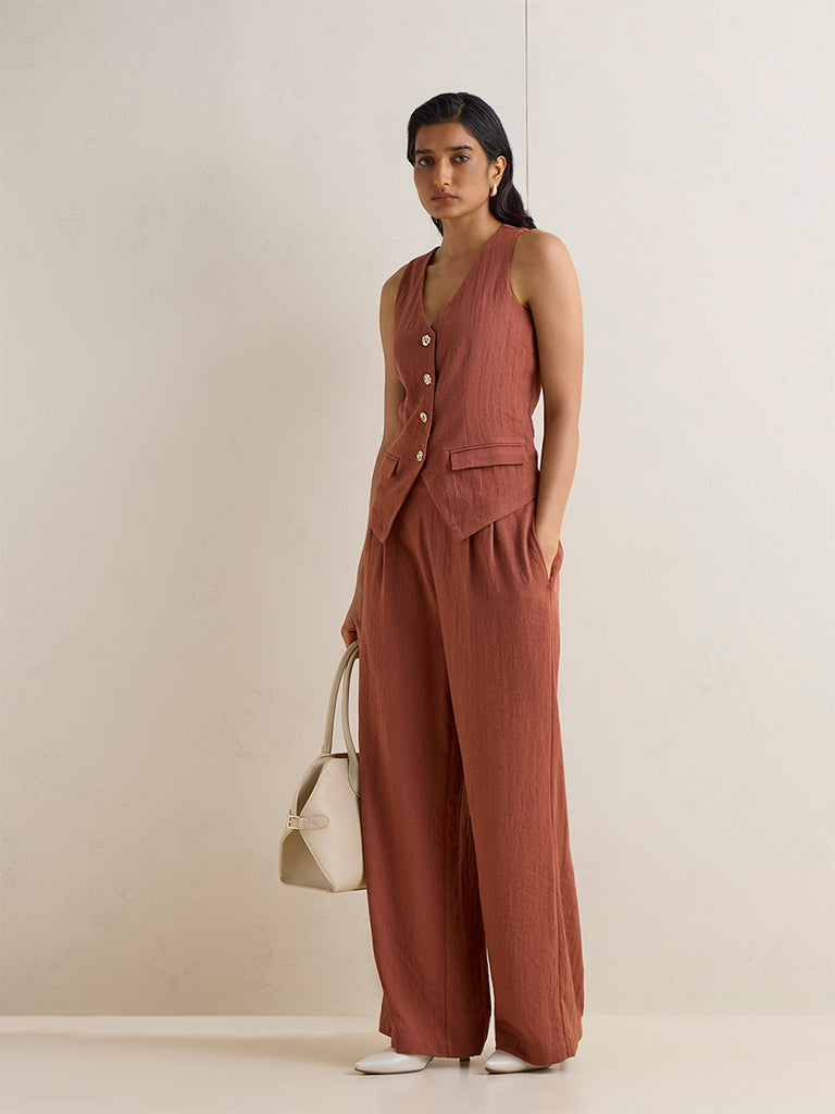 Wardrobe Rust Self-Textured High-Rise Trousers