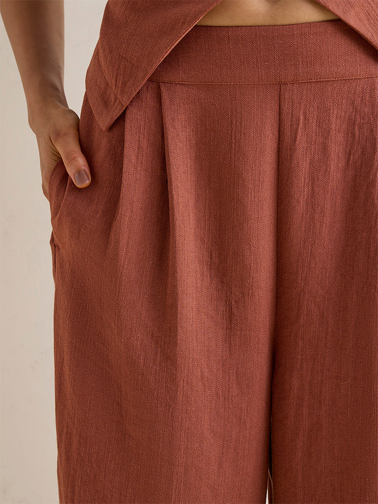 Wardrobe Rust Self-Textured High-Rise Trousers