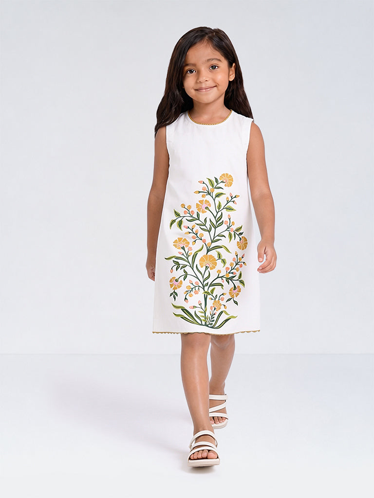 Utsa Kids Girls White Floral Printed Cotton-Blend Shift Dress - (8-14 yrs)