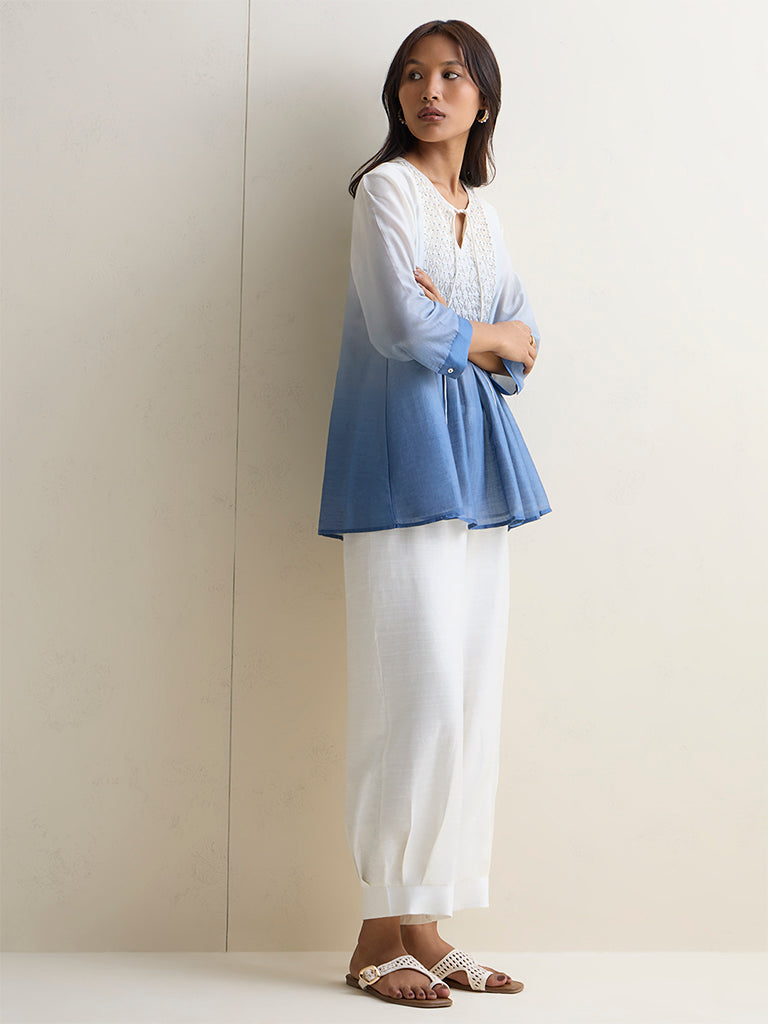 Zuba White Silk Blend Solid Pants