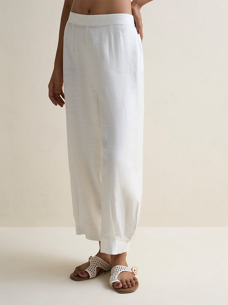 Zuba White Silk Blend Solid Pants