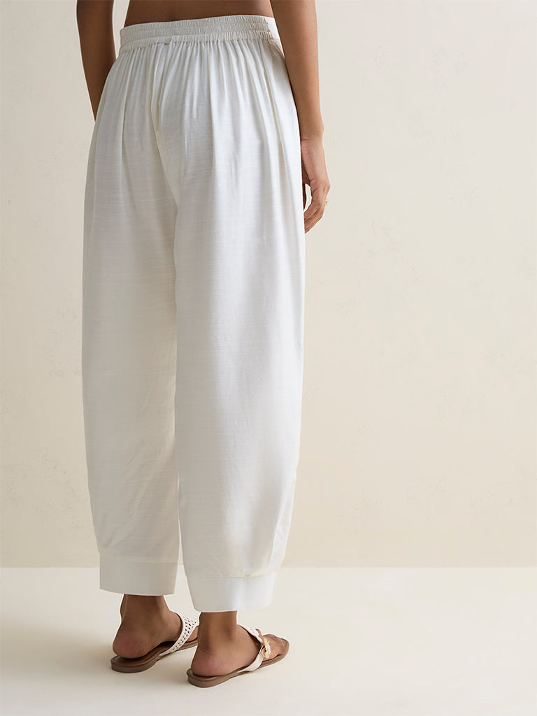 Zuba White Silk Blend Solid Pants