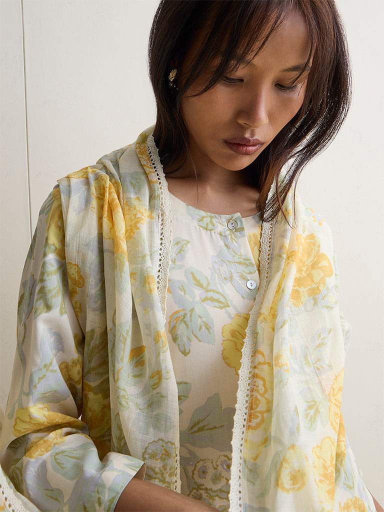Zuba Yellow Floral Pattern Cotton-Blend Stole