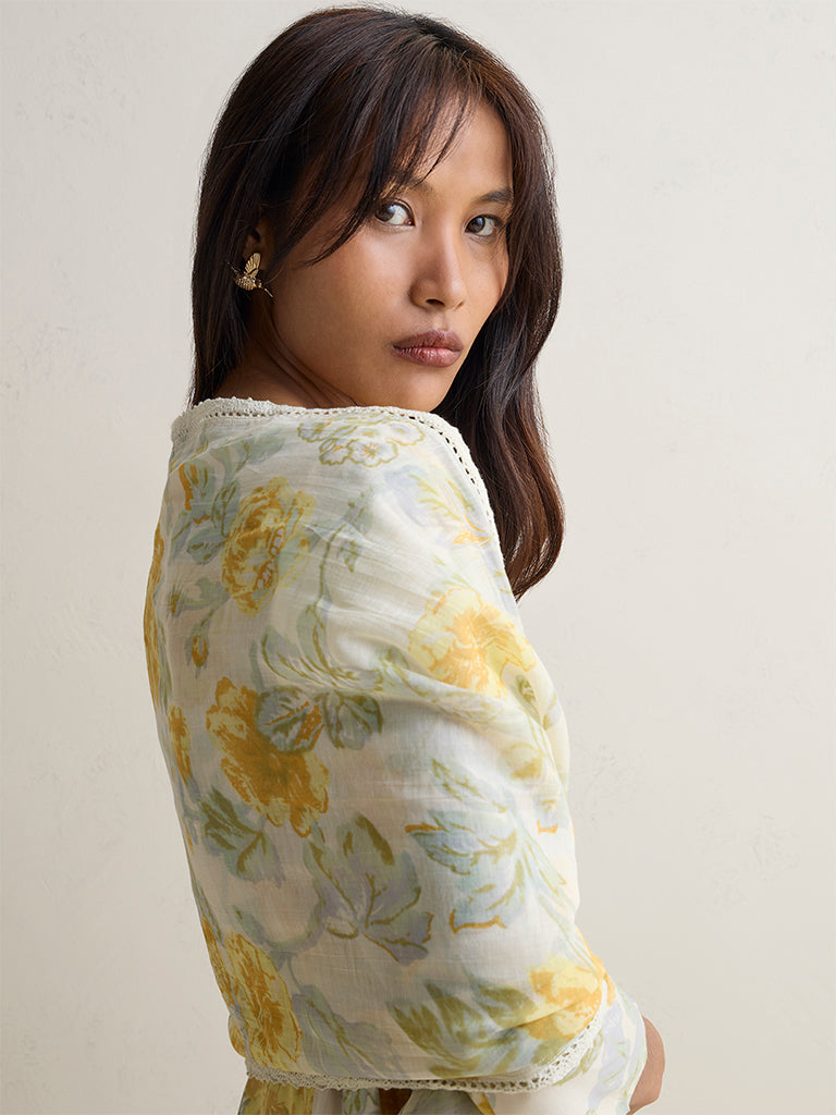 Zuba Yellow Floral Pattern Cotton-Blend Stole