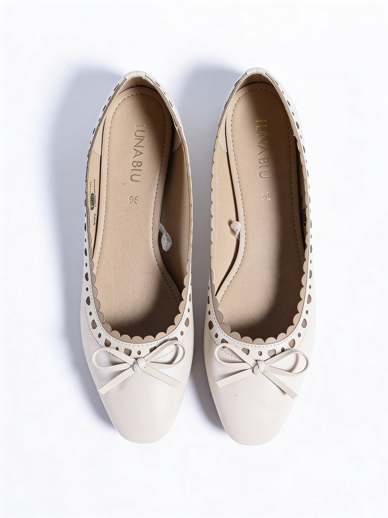 LUNA BLU Ivory Bow Detailed Scalloped Ballerinas