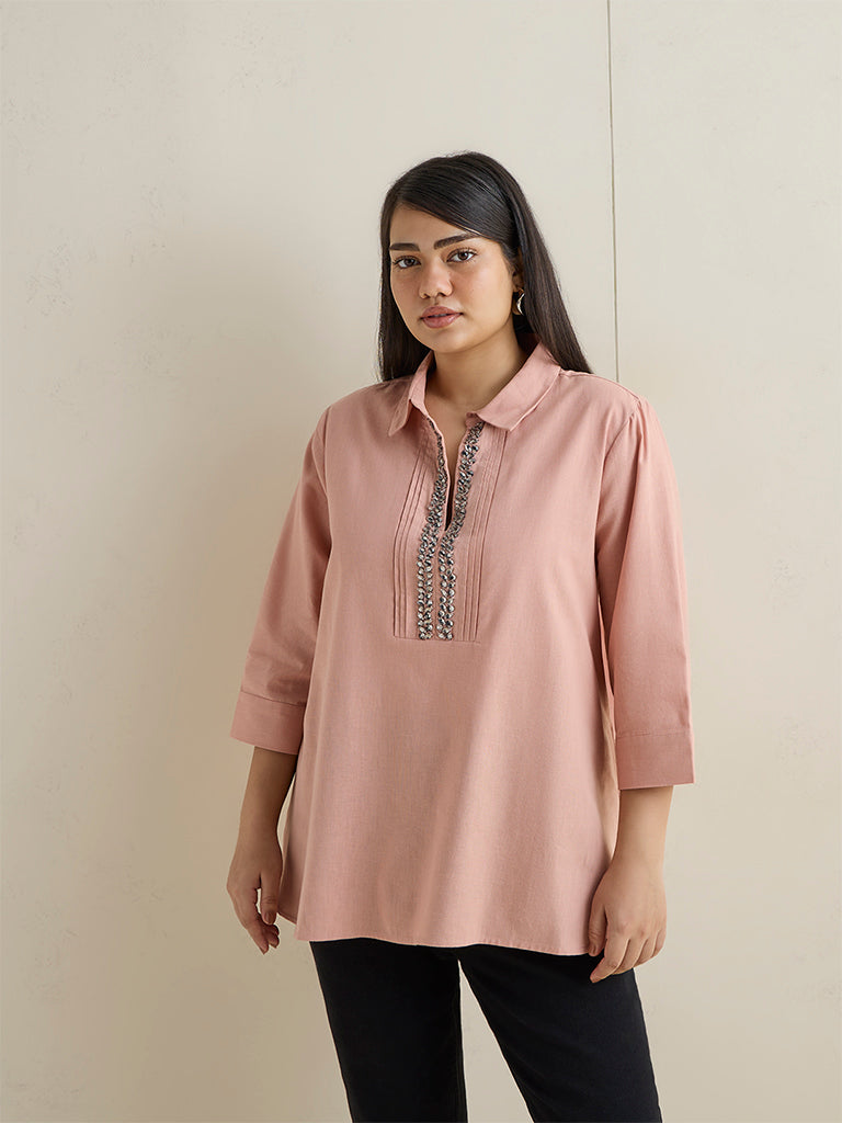 Gia Peach Diamante-Detail Cotton-Blend Blouse