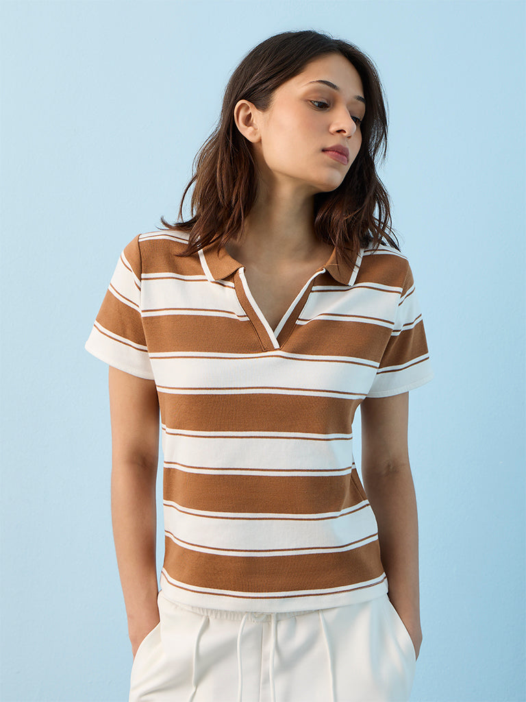 Nuoflexx Light Brown Stripe Cotton T-Shirt