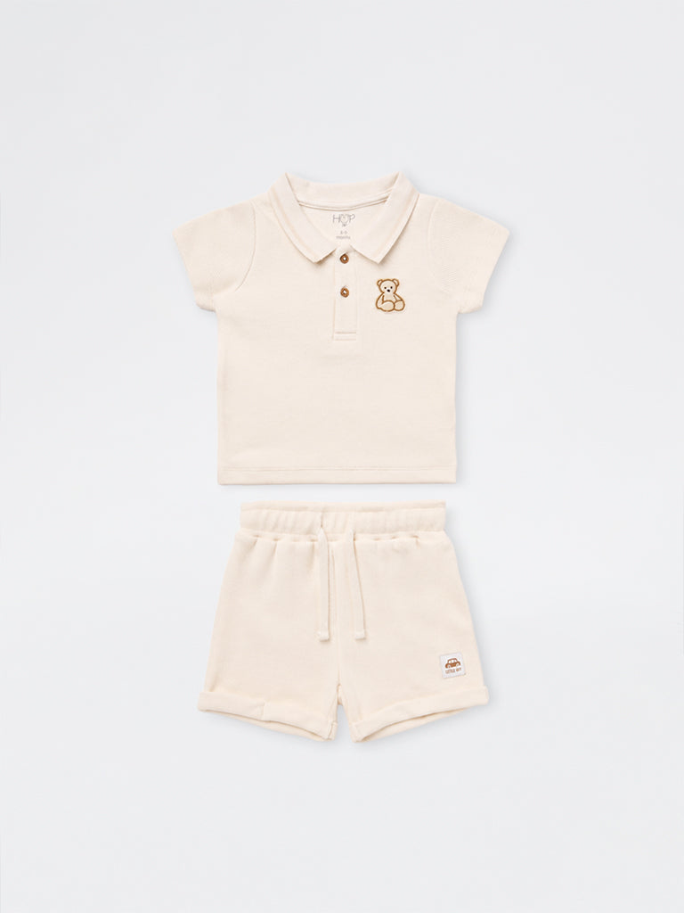 HOP Baby Boys Off-White Teddy Embroidered Cotton-Blend Polo T-Shirt and Shorts Set