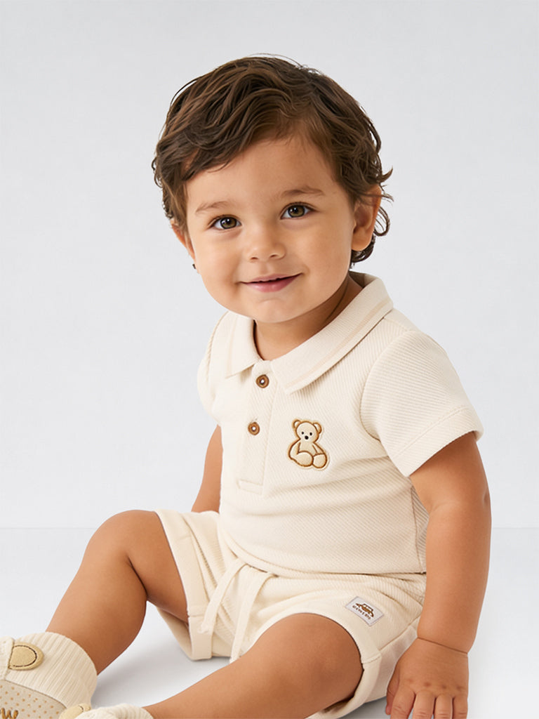 HOP Baby Boys Off-White Teddy Embroidered Cotton-Blend Polo T-Shirt and Shorts Set