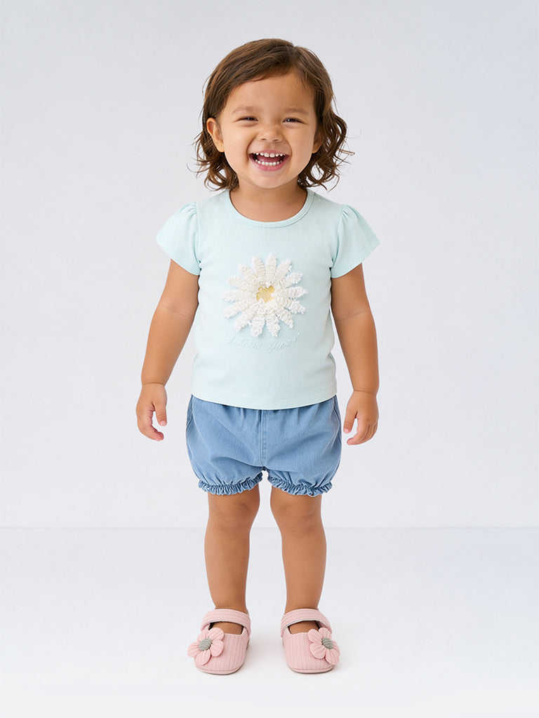 HOP Baby Girls Aqua Floral Applique Cotton T-Shirt and Shorts Set