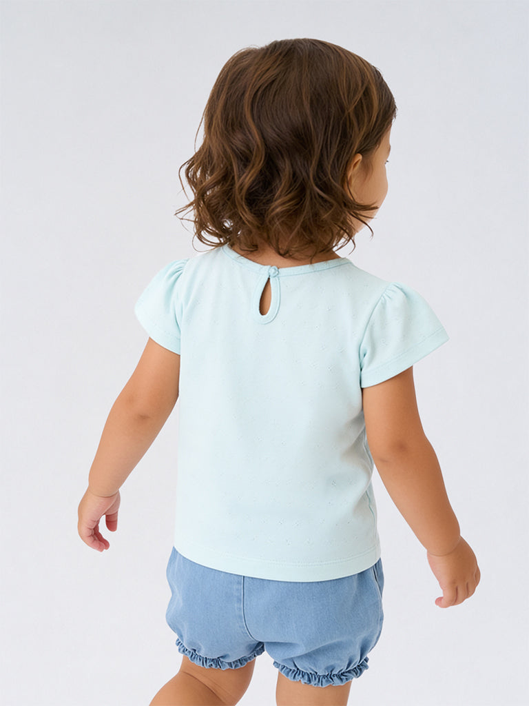 HOP Baby Girls Aqua Floral Applique Cotton T-Shirt and Shorts Set
