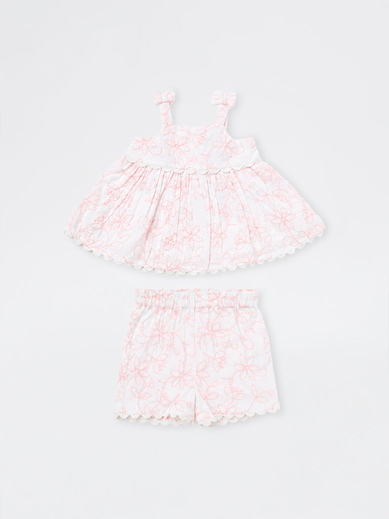 HOP Baby Girls White Floral Embroidered Cotton Dress and Shorts Set