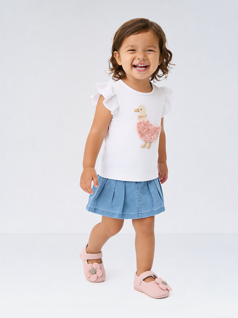 HOP Baby Girls White Duck Applique Cotton T-Shirt and Skort Set