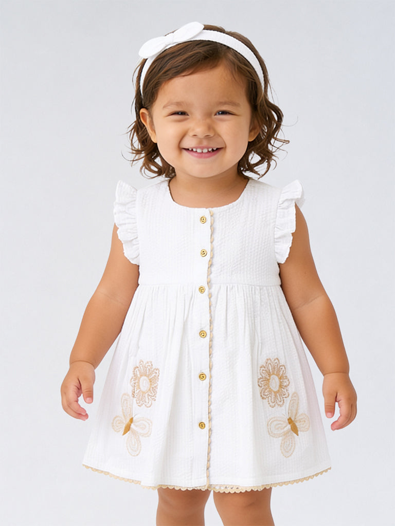 HOP Baby Girls Off-White Floral Embroidered Cotton A-Line Dress with Headband