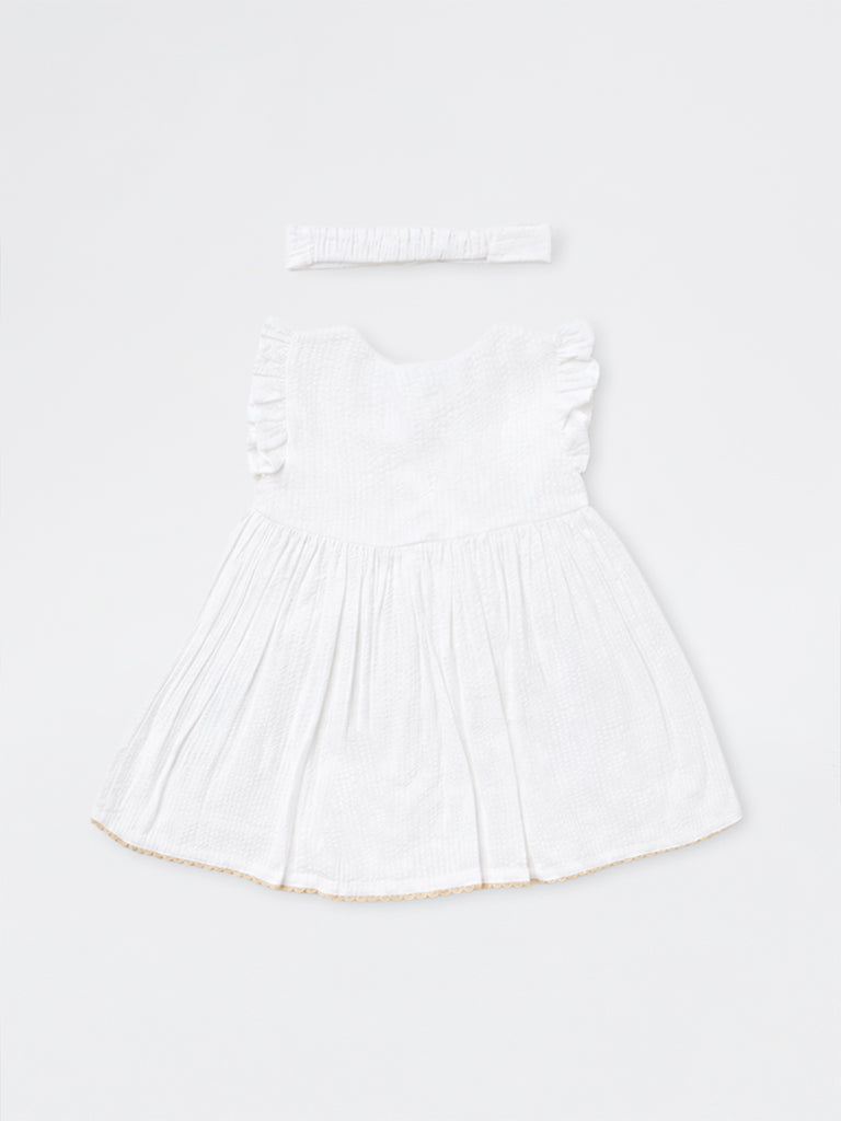 HOP Baby Girls Off-White Floral Embroidered Cotton A-Line Dress with Headband