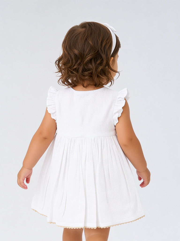 HOP Baby Girls Off-White Floral Embroidered Cotton A-Line Dress with Headband