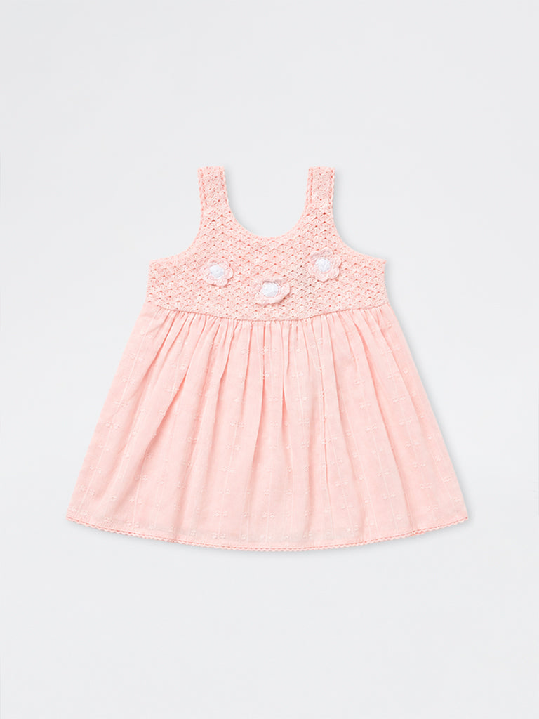 HOP Baby Girls Pink Crochet Detailed Cotton A-Line Dress