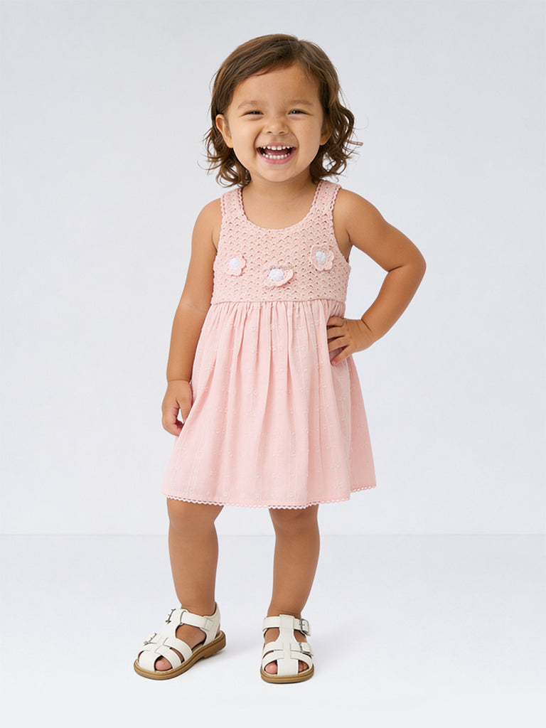 HOP Baby Girls Pink Crochet Detailed Cotton A-Line Dress