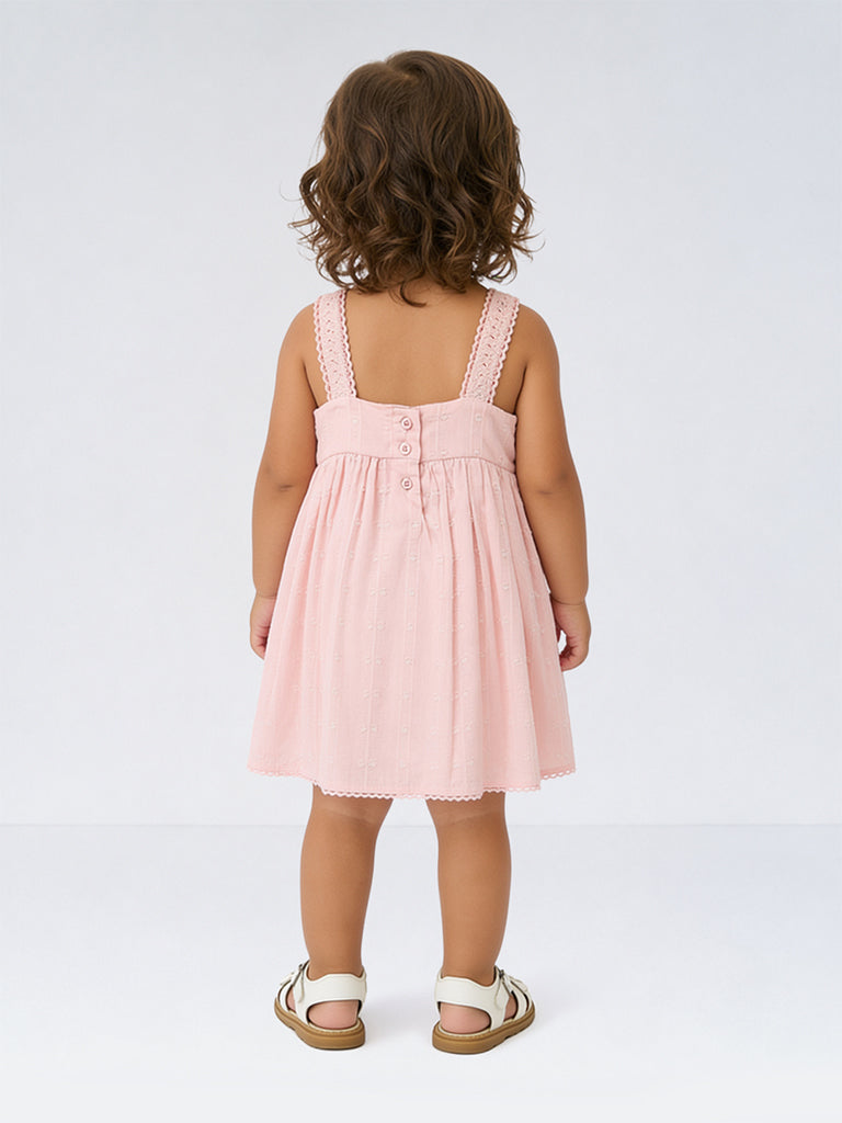 HOP Baby Girls Pink Crochet Detailed Cotton A-Line Dress
