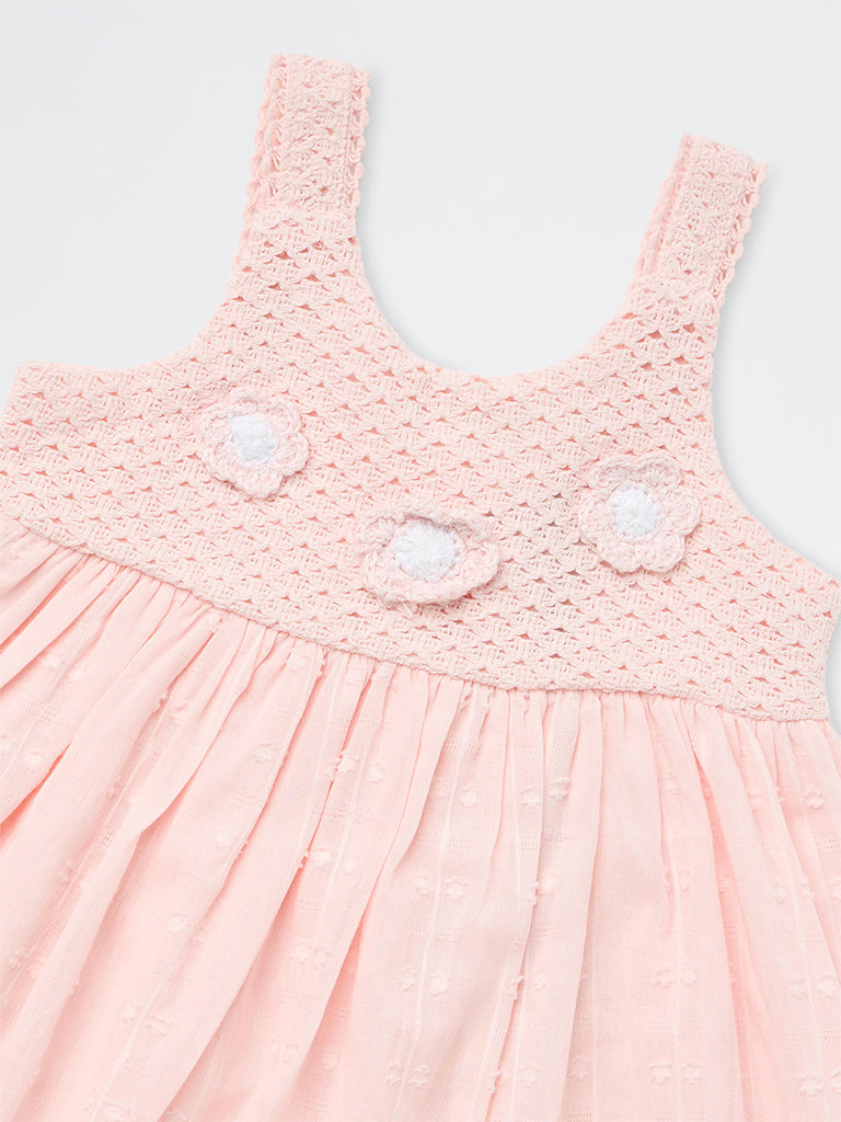 HOP Baby Girls Pink Crochet Detailed Cotton A-Line Dress