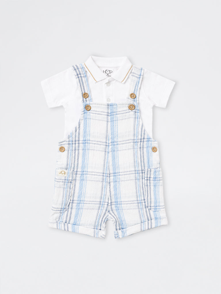 HOP Baby Boys Blue Checkered Dungaree with Polo T-Shirt Set