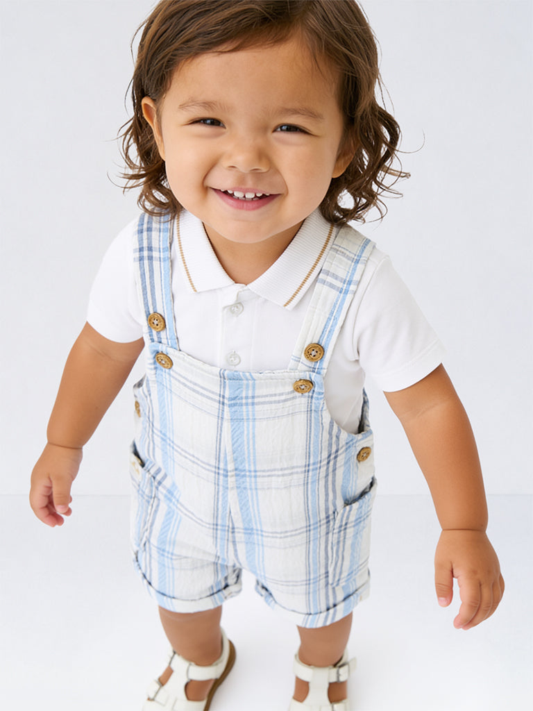 HOP Baby Boys Blue Checkered Dungaree with Polo T-Shirt Set