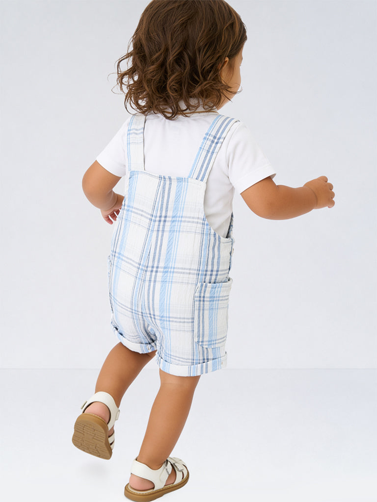 HOP Baby Boys Blue Checkered Dungaree with Polo T-Shirt Set