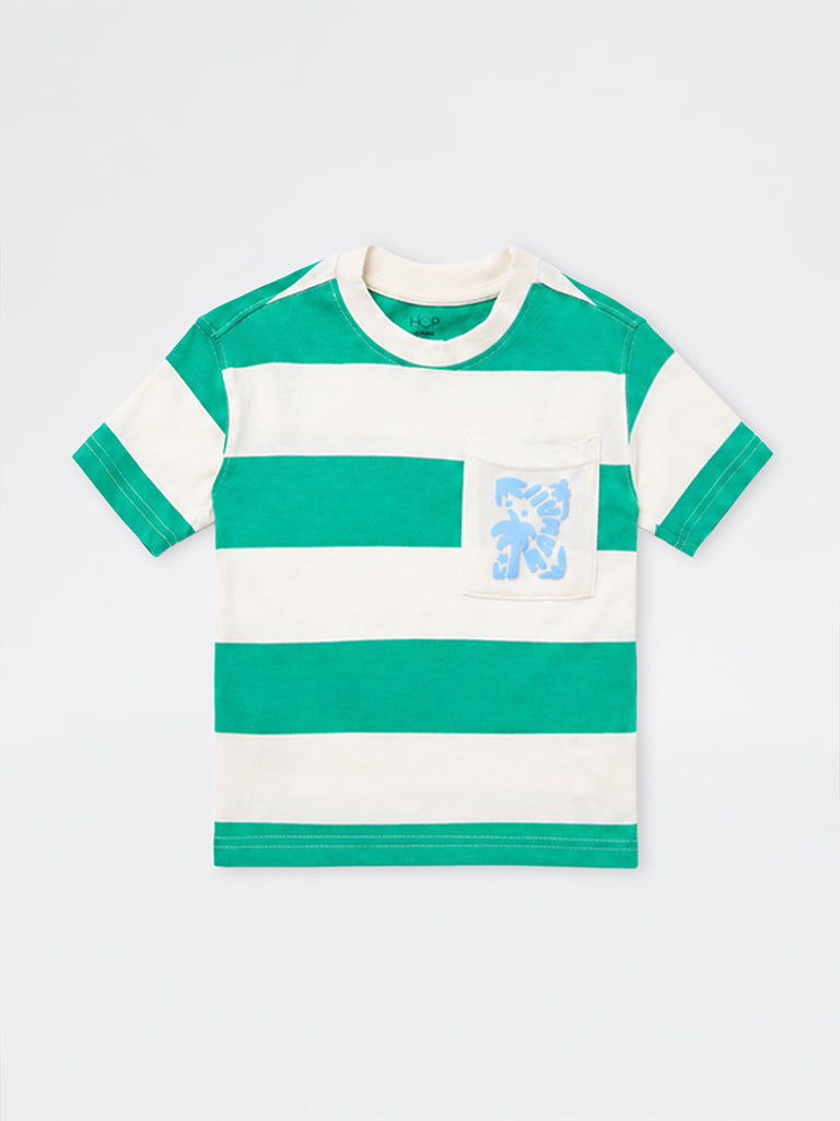 HOP Kids Boys Green Striped Cotton T-Shirt