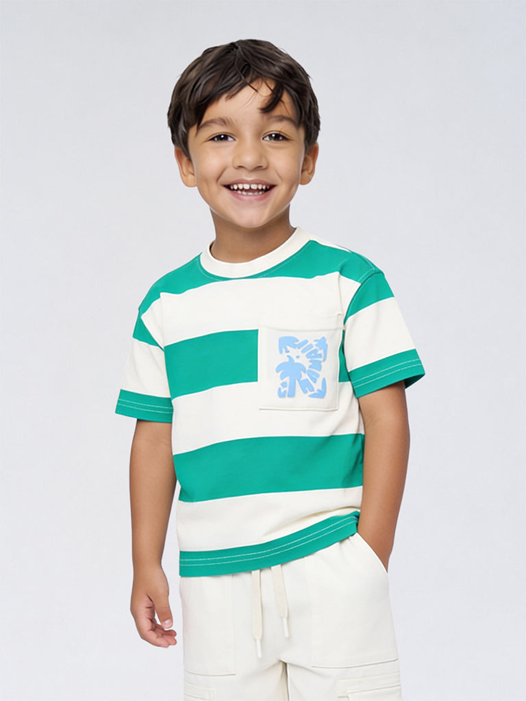 HOP Kids Boys Green Striped Cotton T-Shirt