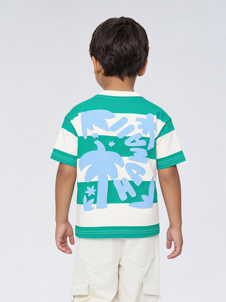 HOP Kids Boys Green Striped Cotton T-Shirt