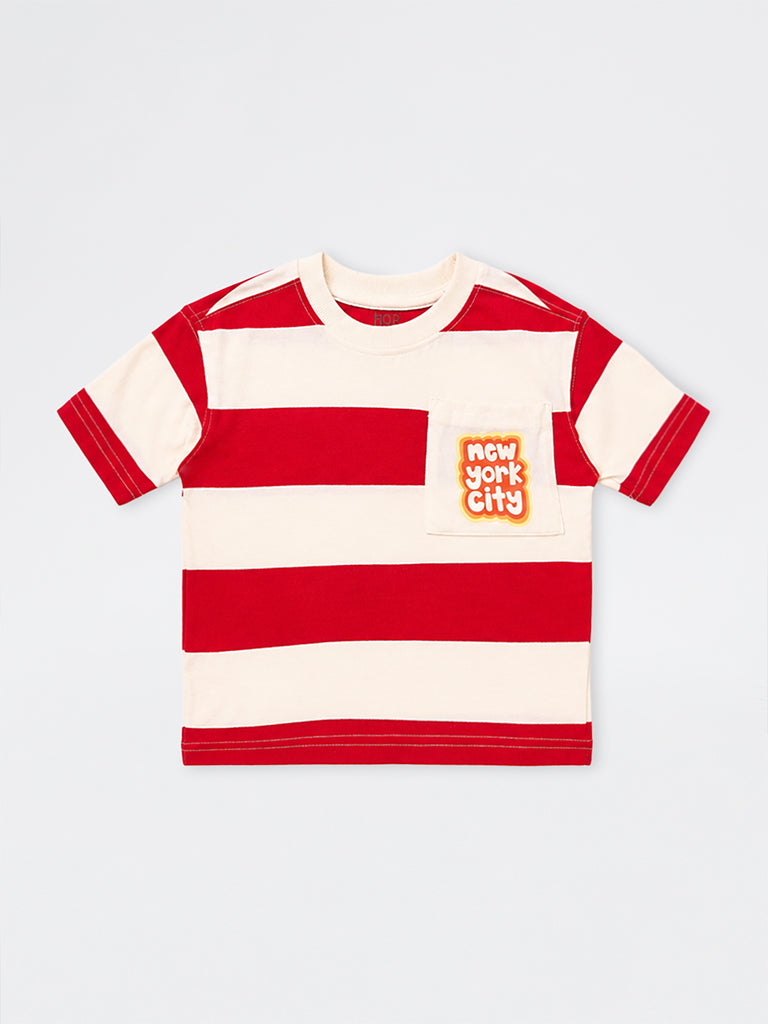 HOP Kids Boys Red Striped Cotton T-Shirt