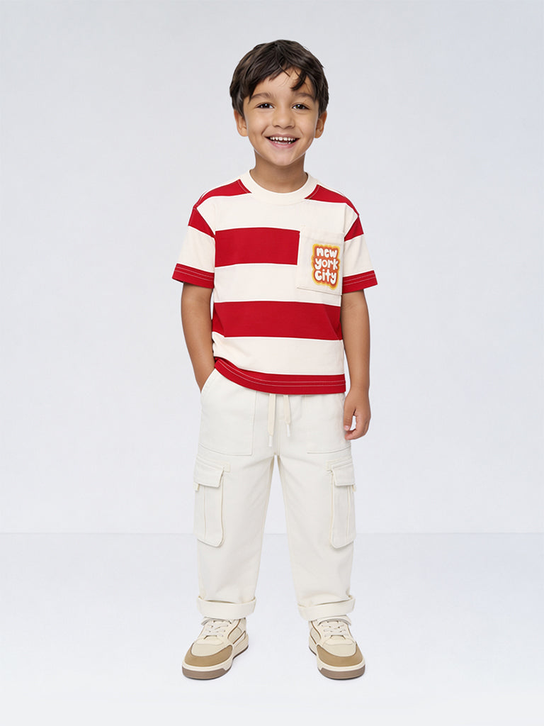 HOP Kids Boys Red Striped Cotton T-Shirt