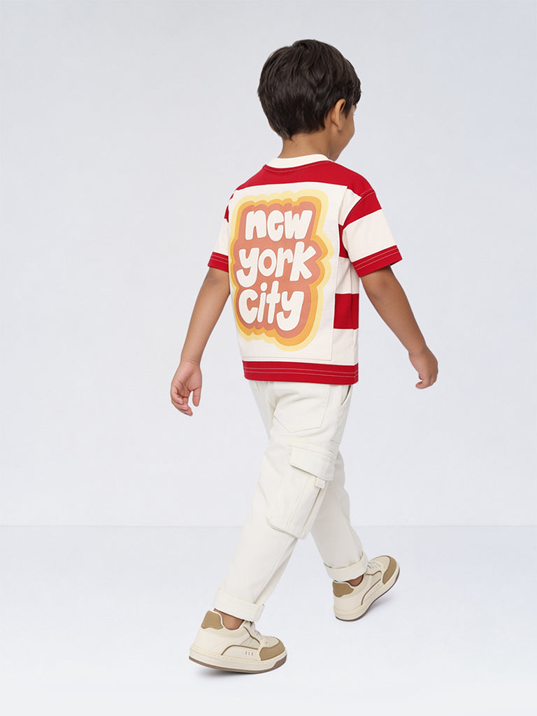 HOP Kids Boys Red Striped Cotton T-Shirt