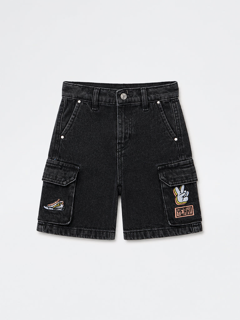 HOP Kids Boys Dark Charcoal Mid-Rise Cargo Denim Shorts