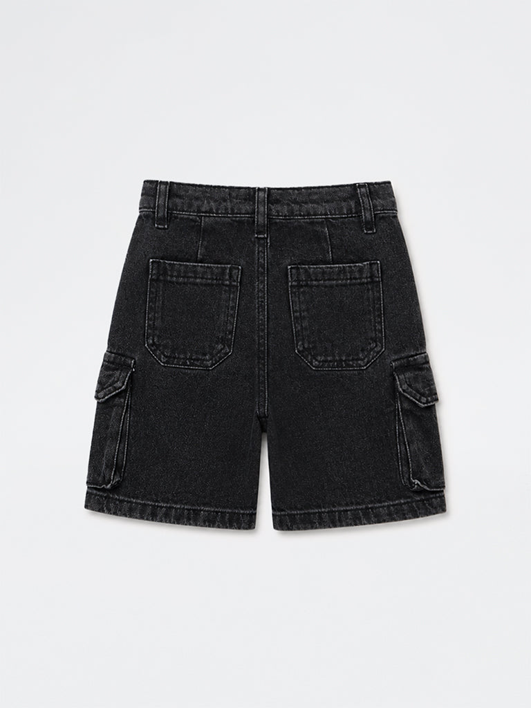 HOP Kids Boys Dark Charcoal Mid-Rise Cargo Denim Shorts
