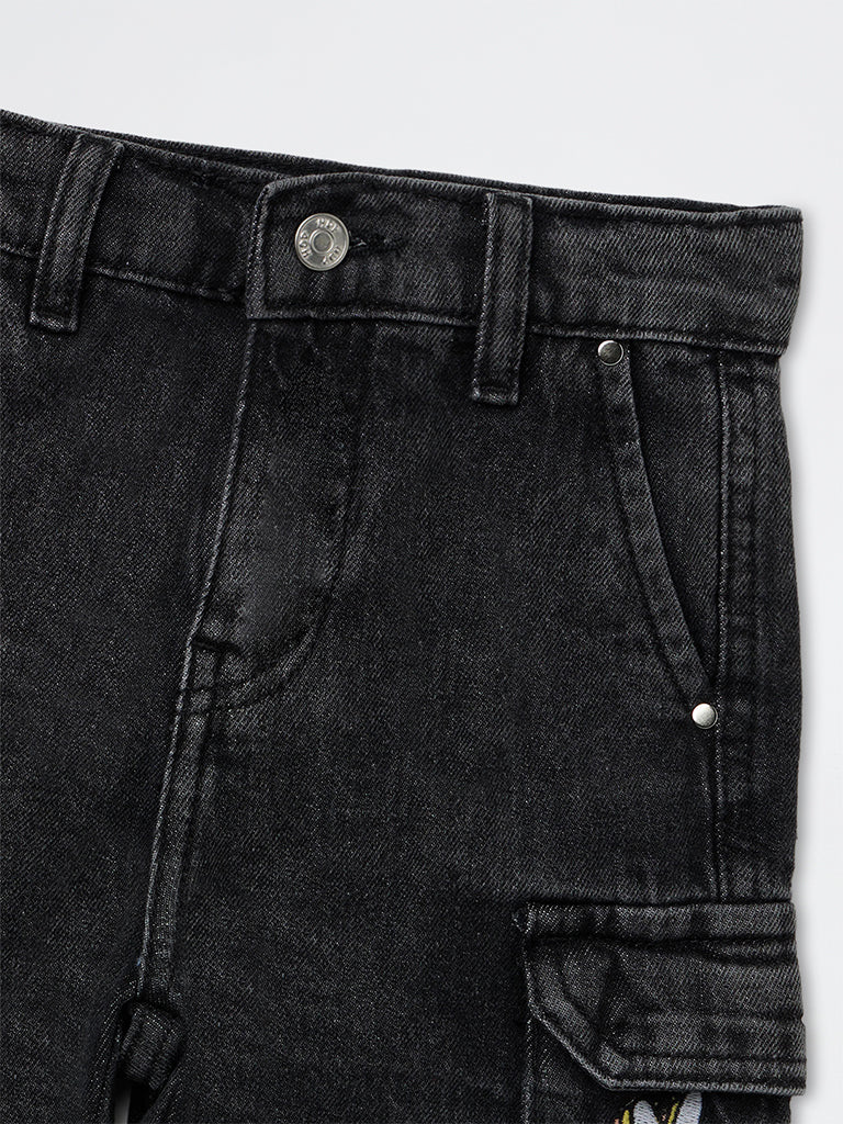 HOP Kids Boys Dark Charcoal Mid-Rise Cargo Denim Shorts