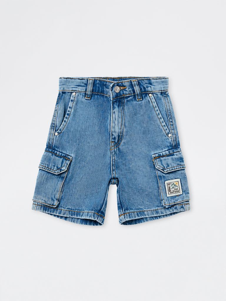 HOP Kids Boys Blue Mid-Rise Denim Cargo Shorts