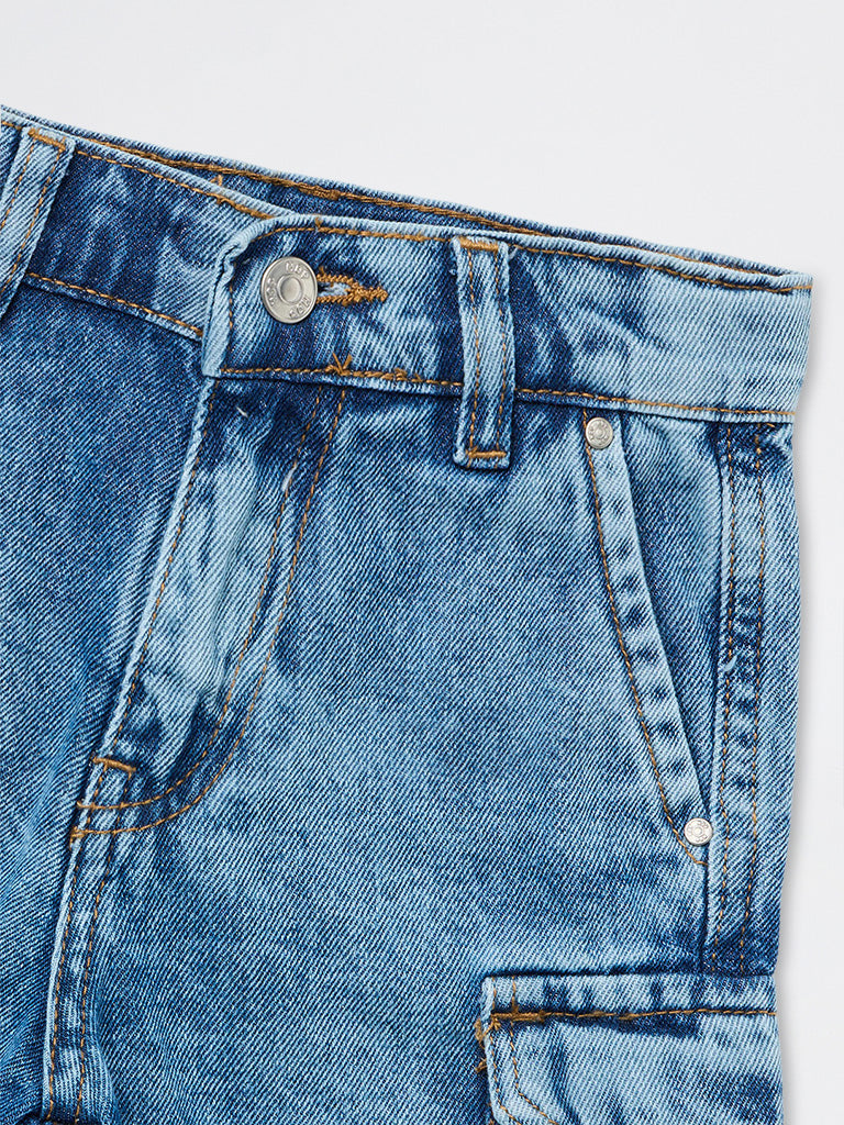 HOP Kids Boys Blue Mid-Rise Denim Cargo Shorts