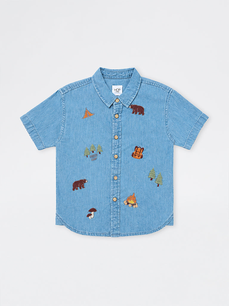 HOP Kids Boys Blue Jungle-Inspired Denim Shirt
